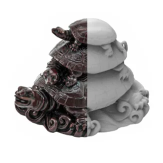 Figure with a complex shape — half in colour, half as a 3D scan